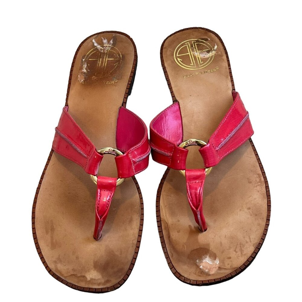 LIlly Pulitzer McKim Size 9 Pink Strappy Thong Sandals Gold Ring